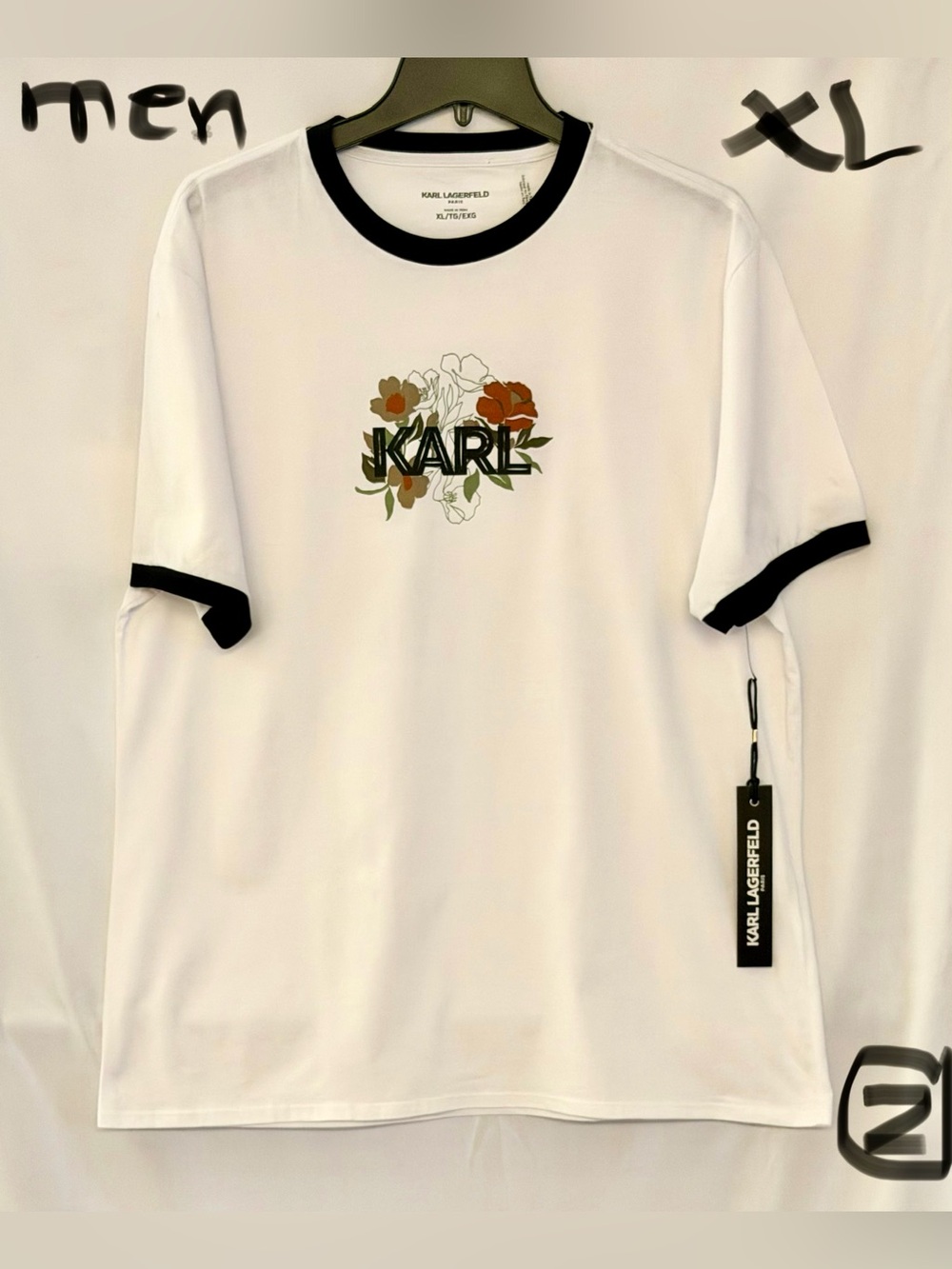 Karl Lagerfeld White Tee with Black Trim and Floral Logo